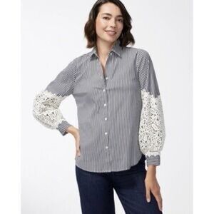 Chicos Striped Button-Up Top with White Crochet Balloon Sleeves